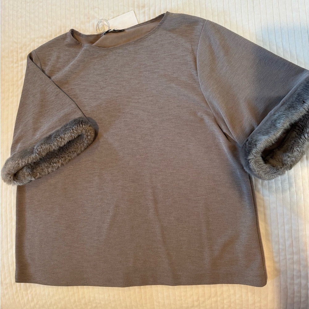 Beige Short-Sleeve Top with Faux Fur Cuffs
